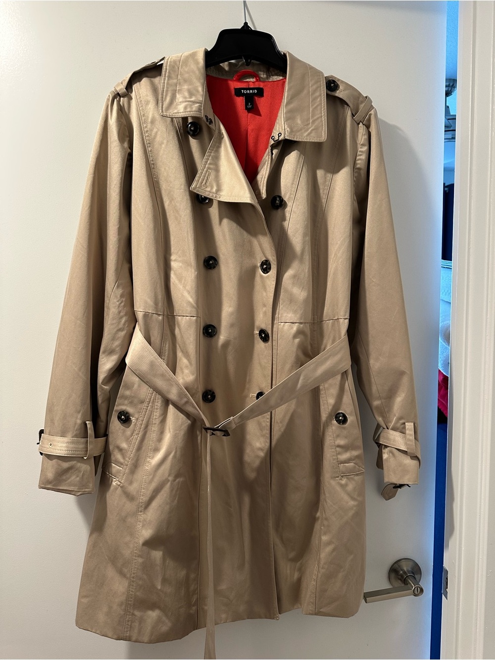 Brand:  Torrid - Double-Breasted Trench Coat with Belt Tan outside Red inside